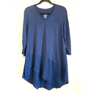 Chicos Travelers Embellished Asymmetrical Hem Top Tunic Sz 1 Navy Blue Slinky